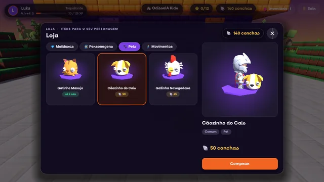 Tela real da loja do jogo: pets à venda em conchas, com o herói e o pet escolhido numa prévia em 3D.