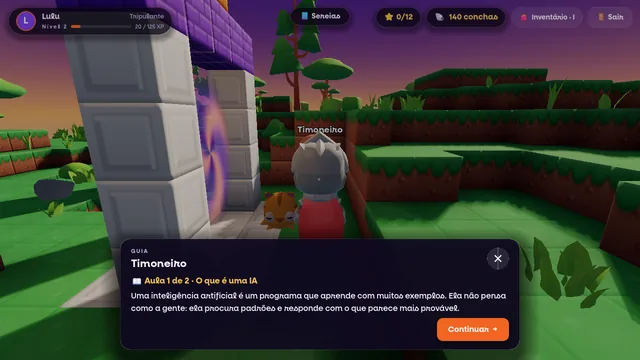 Tela real do jogo: o Timoneiro dá a aula “O que é uma IA” ao lado do portal da ilha.